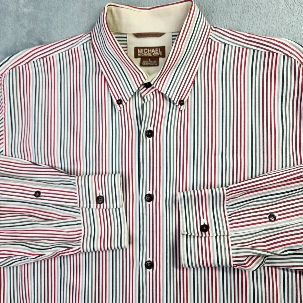 Michael Kors Shirt Mens L Red Striped Cotton Long Sleeve Office Casual Preppy